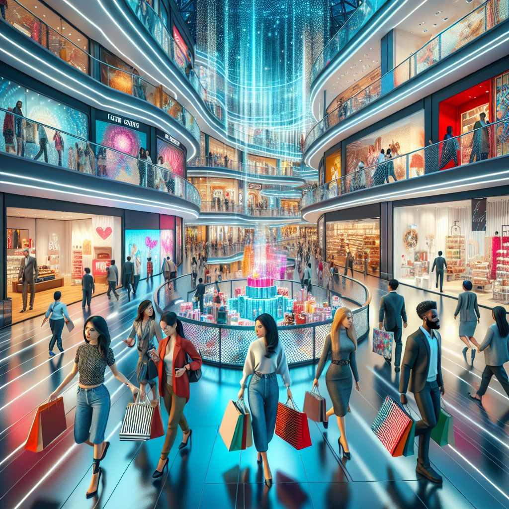 A realistic image of a vibrant shopping scene in a modern mall, showcasing people engaging with various deals and products.