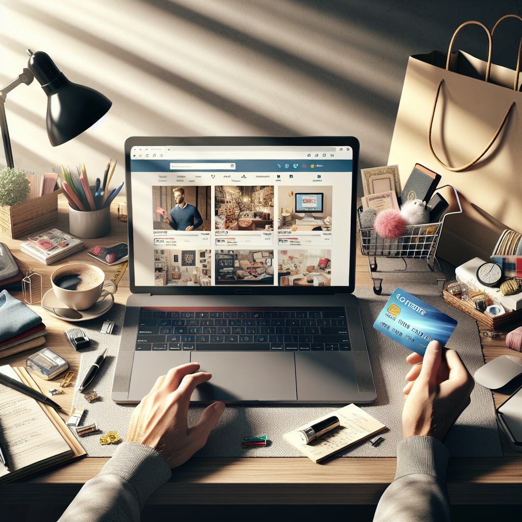 A realistic depiction of online shopping with a laptop, shopping bags, and various items on a desk.