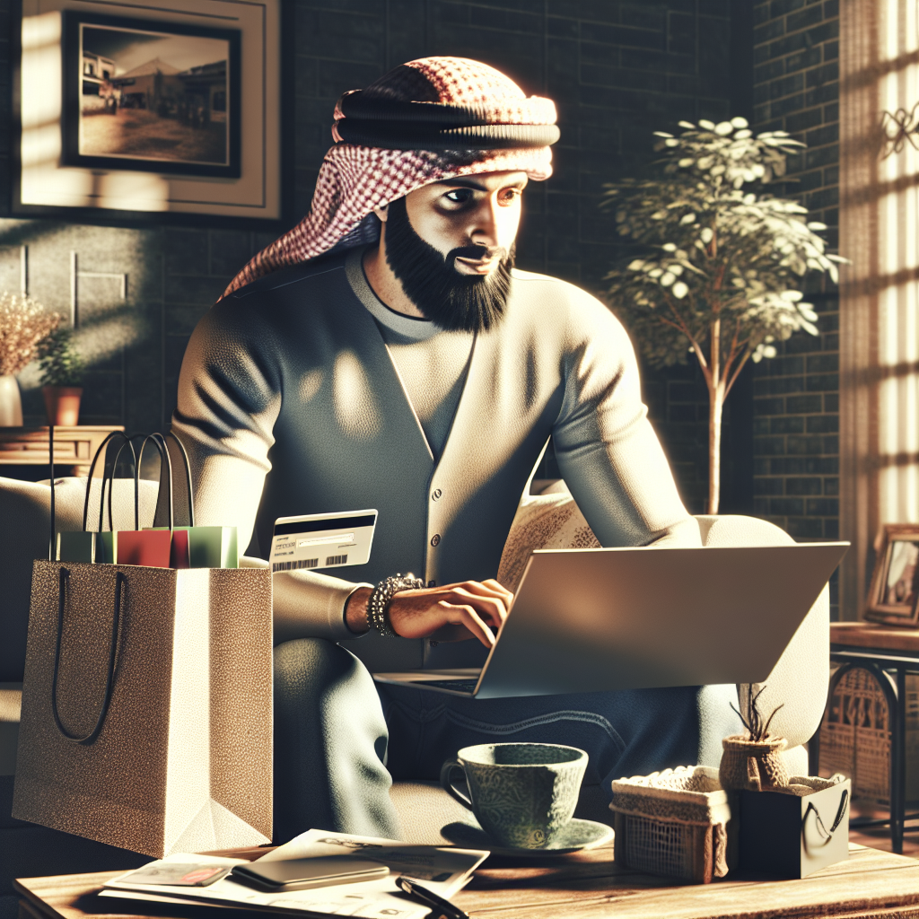 A person engaging in online shopping in a cozy home setting.