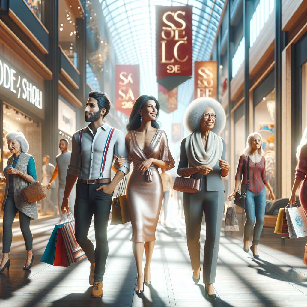 A realistic depiction of a bustling shopping scene in a modern mall with excited shoppers exploring stores.