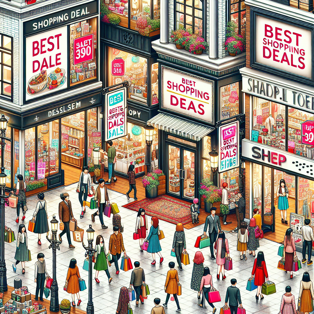 Realistic image of a bustling urban shopping scene with vibrant 'Best Shopping Deals' signs.