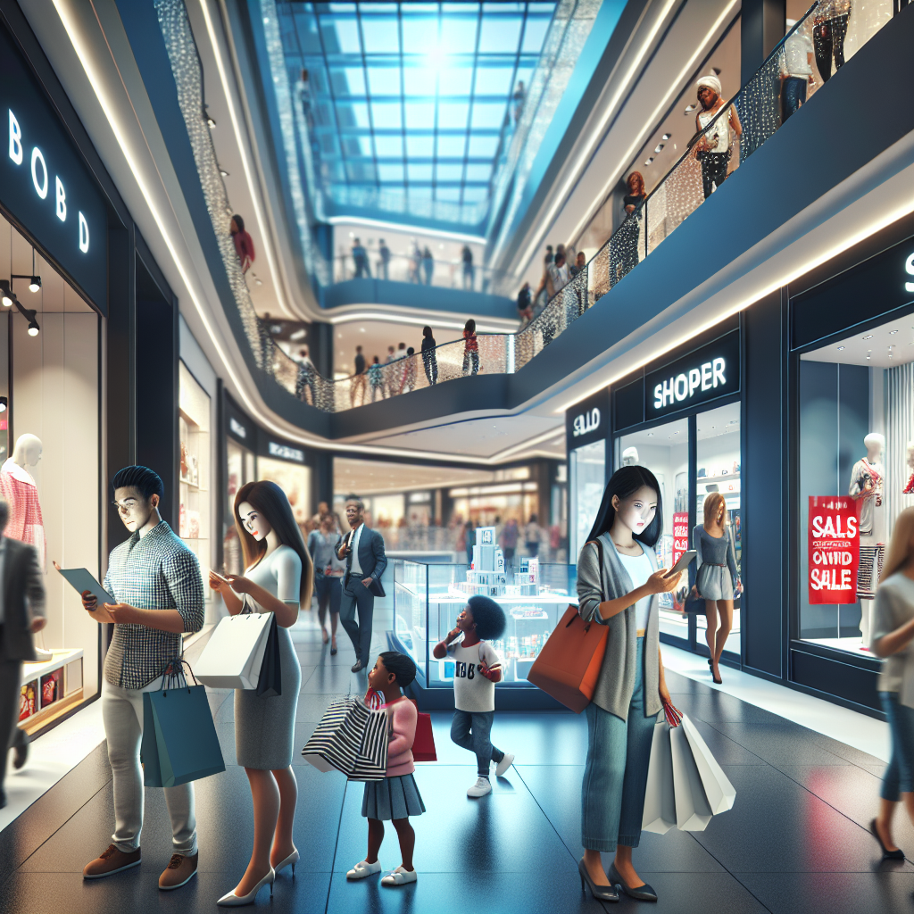 A vibrant shopping mall during a sale, with diverse shoppers holding branded shopping bags.