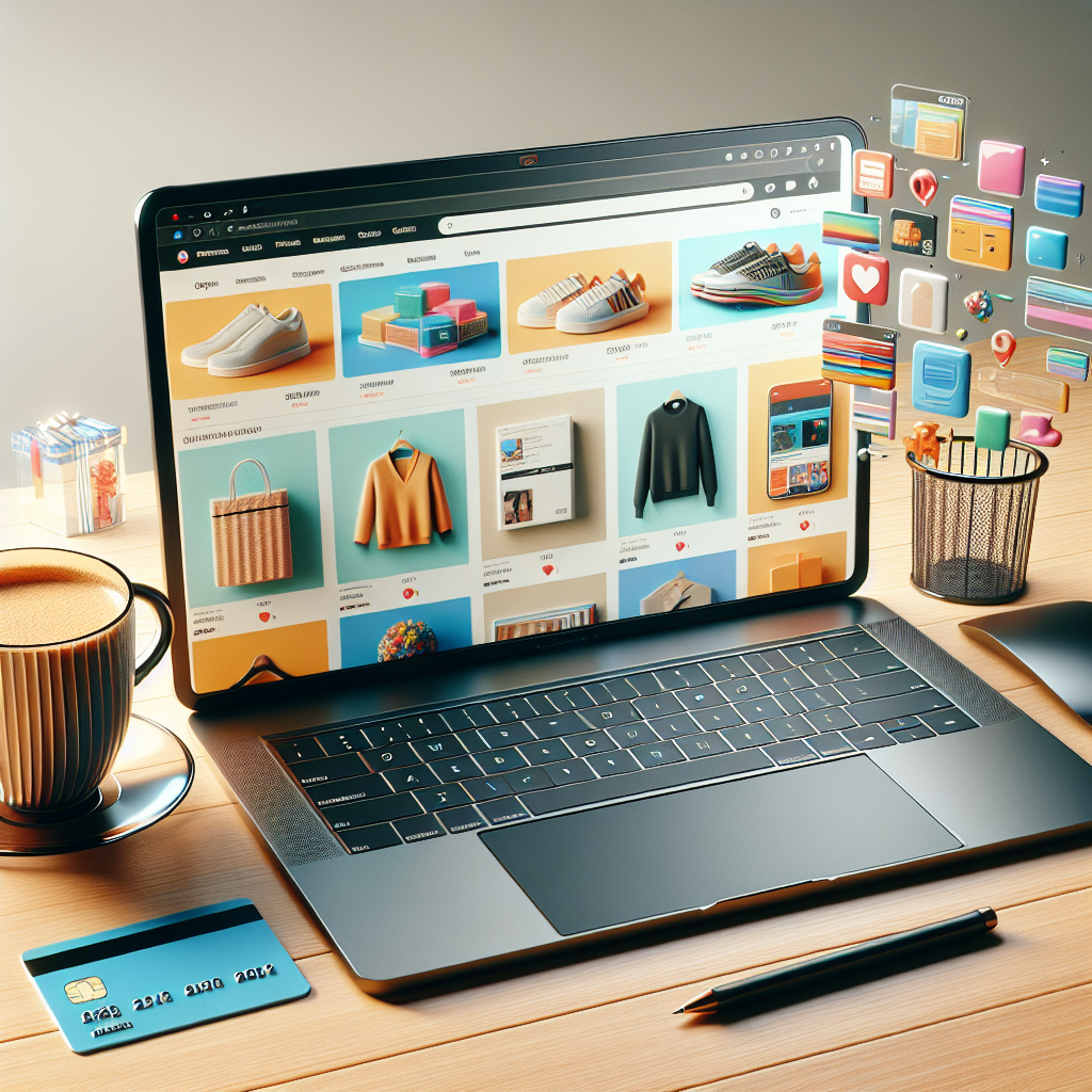 A laptop showing an online shopping website, with a cup of coffee, shopping bags, and a credit card on a wooden desk.