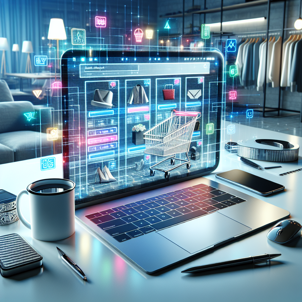 A laptop displaying an e-commerce website on a white table with various shopping items around it.