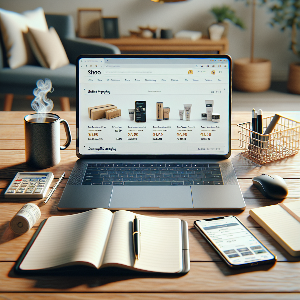 A realistic image of a desk with a laptop displaying an online shopping website.