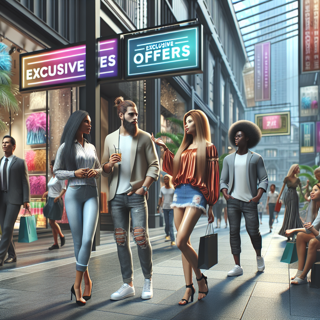 A realistic scene of a modern shopping street with vibrant promotional signage and people engaging with exclusive offers.