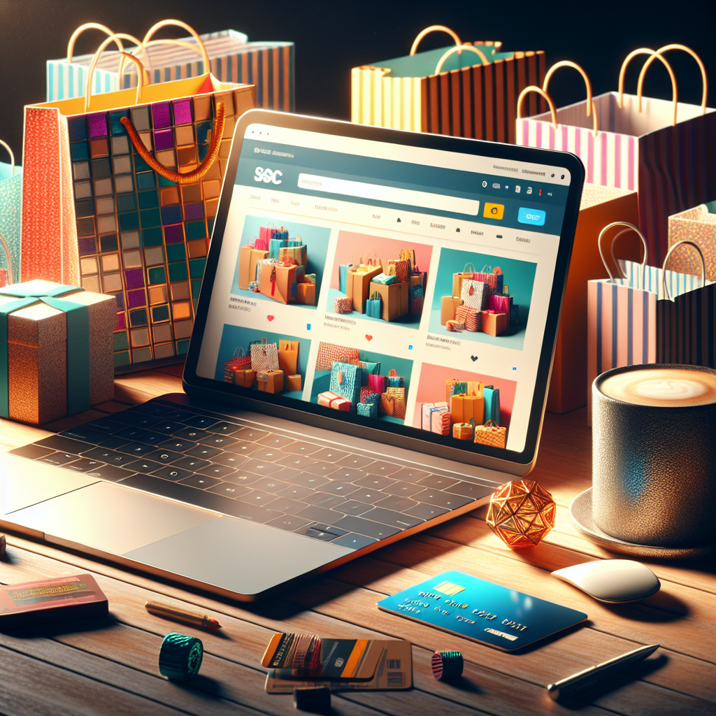 A realistic depiction of an online shopping scene with a laptop displaying shopping deals.