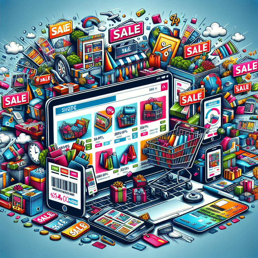 An online shopping scene with various deals, products, and sale banners.