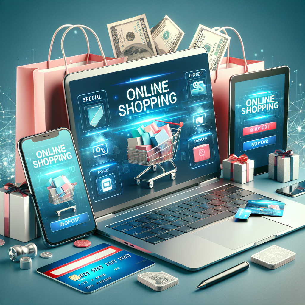 A realistic online shopping scene with devices showcasing special deals.