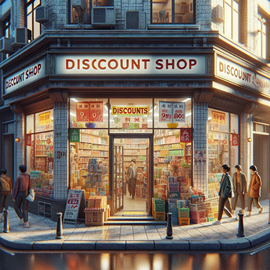 A realistic depiction of a discount shop with clear signage and discount banners, inspired by an introductory image.