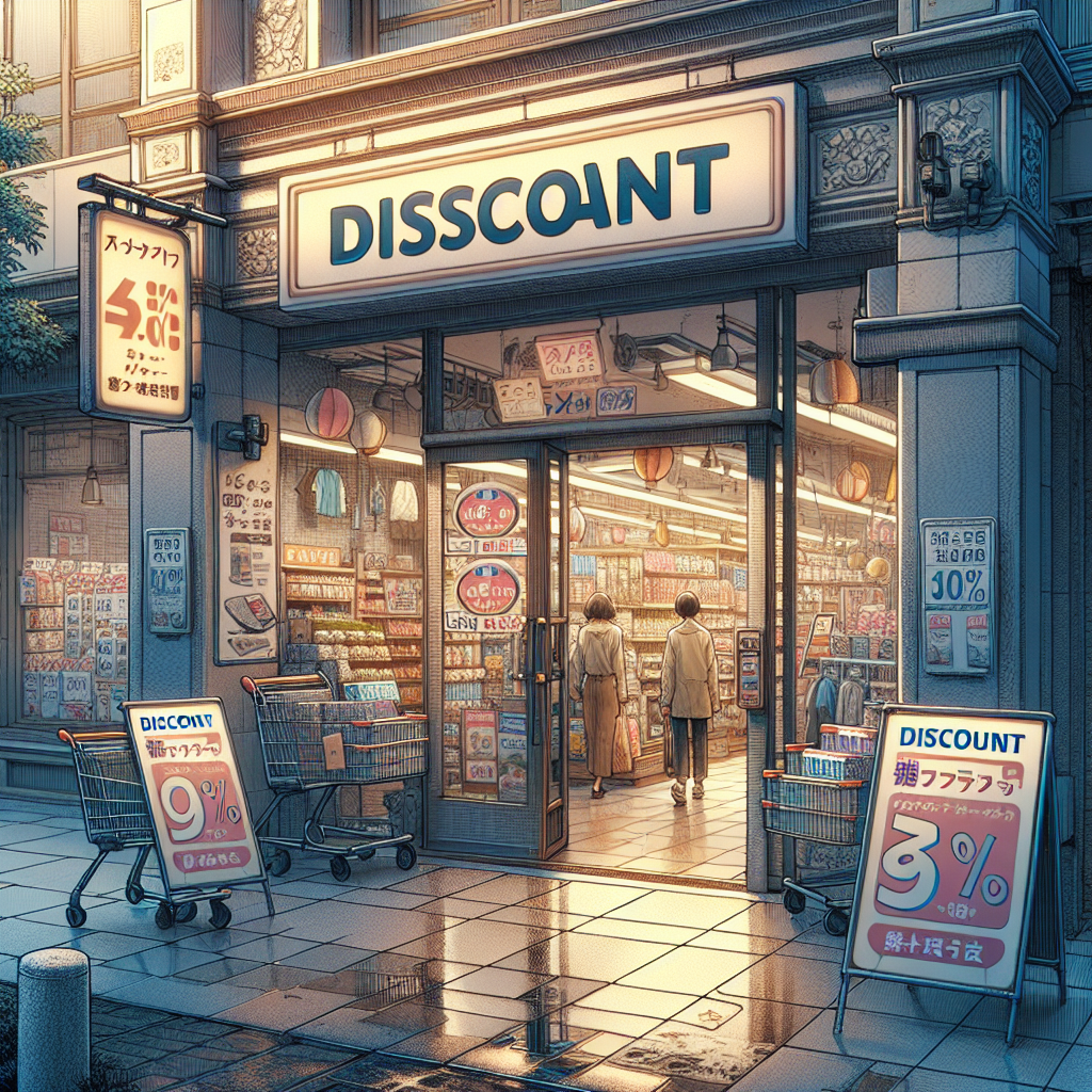 Realistic image of a discount shop entrance with clear signage and shopping carts.