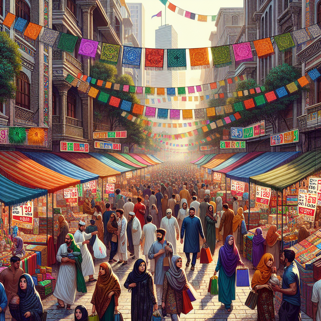 A busy street market with shoppers and discount sales.