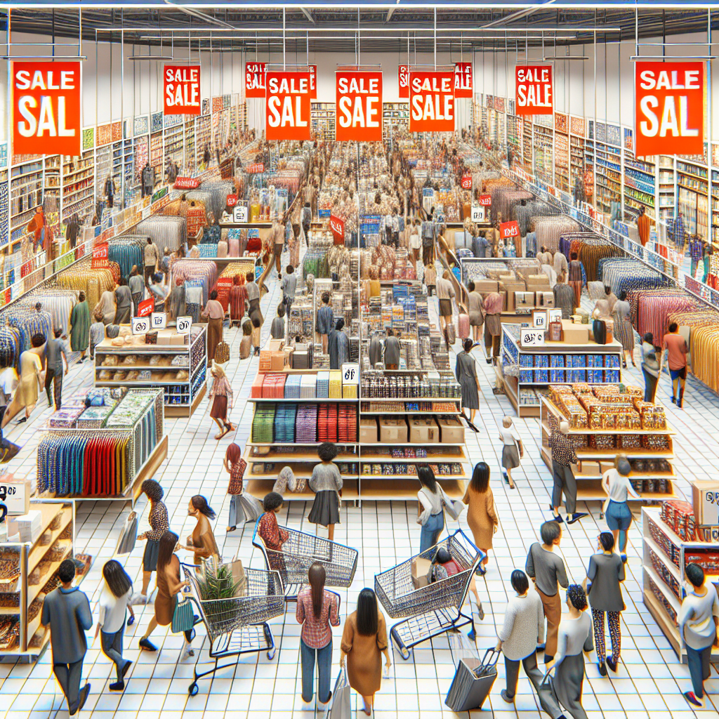 A realistic scene of shoppers in a store during a discount sale, showcasing various products and promotional banners.