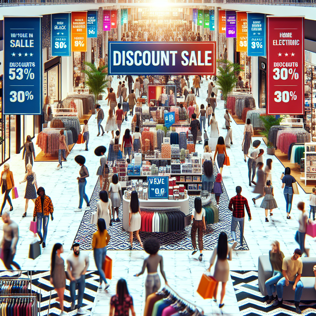 A busy shopping mall during a discount sale.