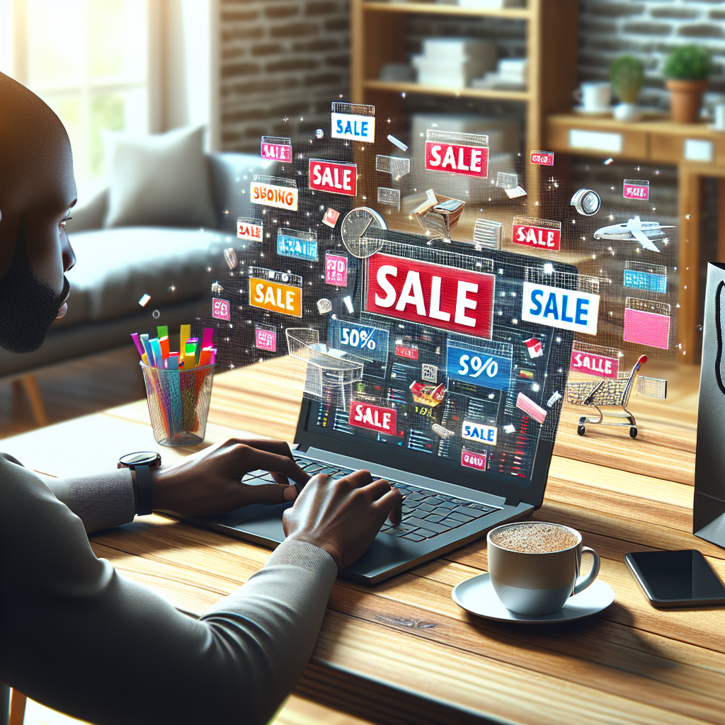 A realistic online shopping scene with discounts and offers displayed on a laptop.