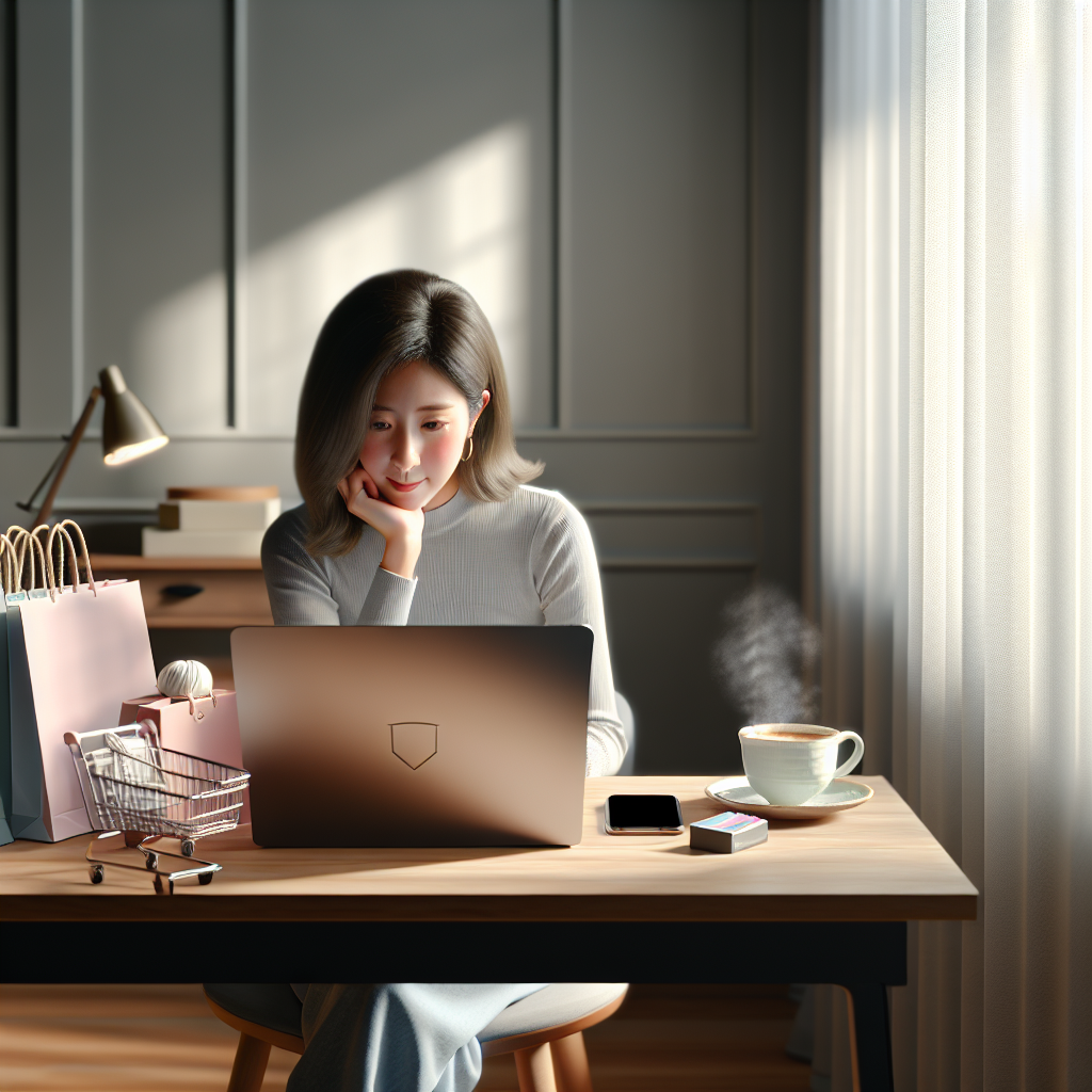 A person sitting at a desk, browsing a modern e-commerce website on a laptop with shopping items and a coffee cup nearby.