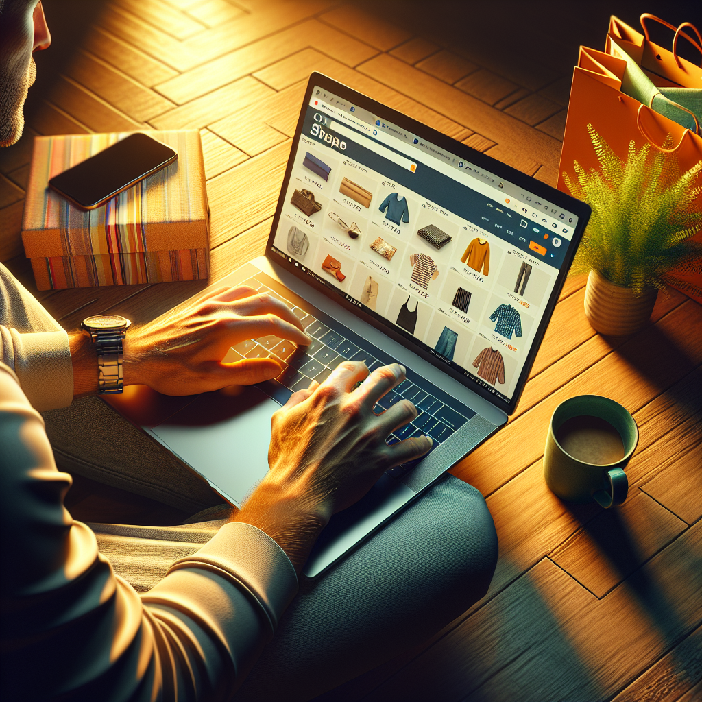 A person shopping online using a laptop in a cozy home setting.