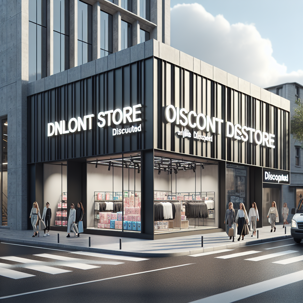 Realistic exterior of an online discount store with modern facade, signage, and display window.