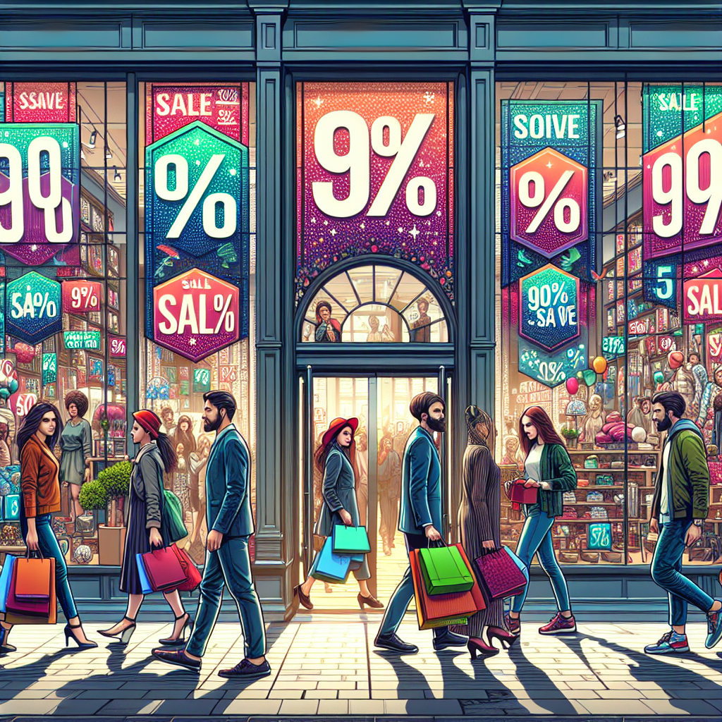 Realistic depiction of a storefront during a discount sale.
