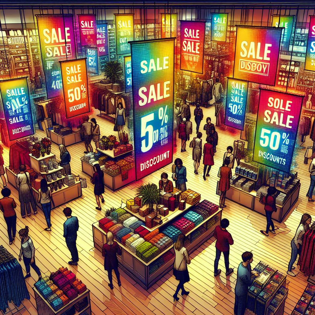A realistic image of a busy store during a discount sale with shoppers, <a href=