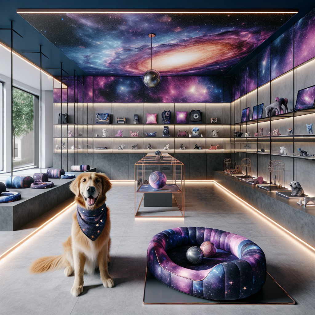 Futuristic Nebula Flux Shop interior with a golden retriever wearing a star-patterned bandana, a spaceship-shaped pet bed, and cosmic-themed pet accessories.