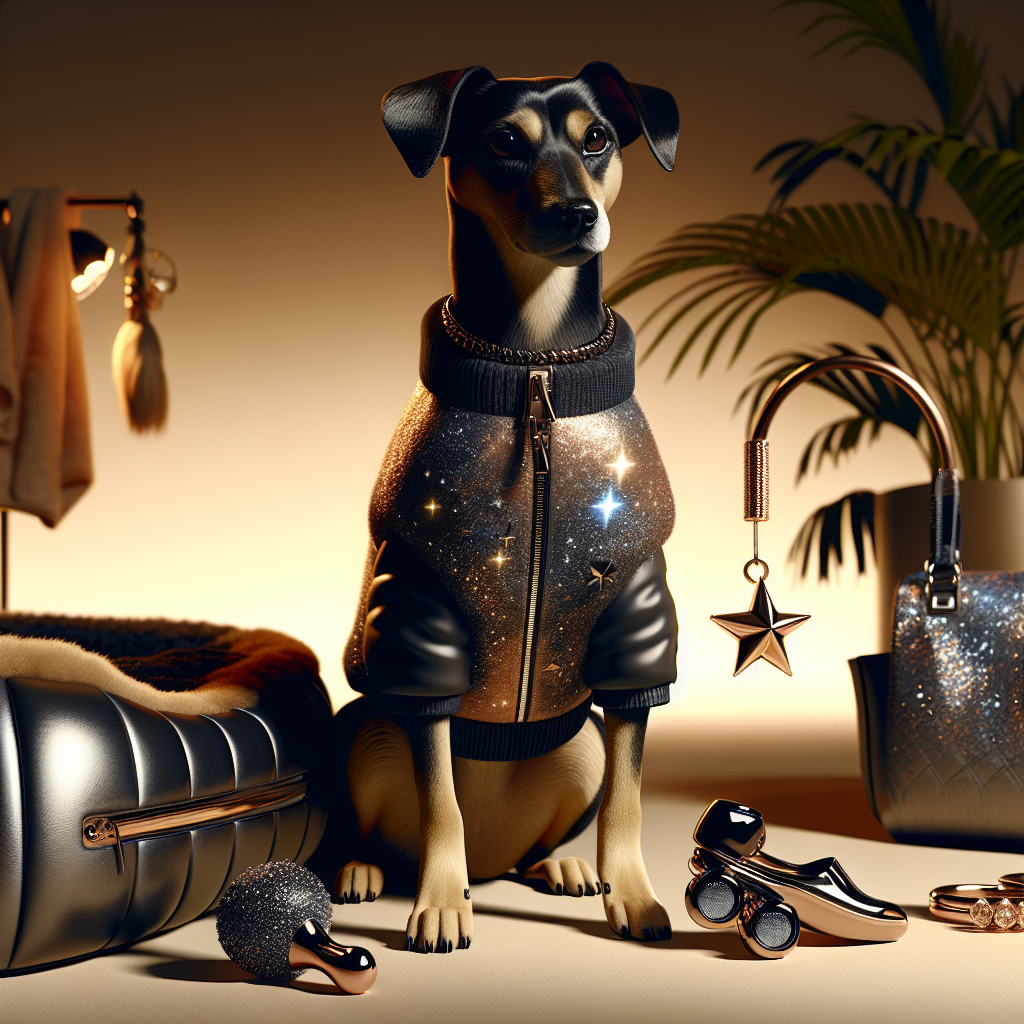 A stylish dog in 2023 with modern, cosmic-themed pet accessories, including a toy and luxurious bed.