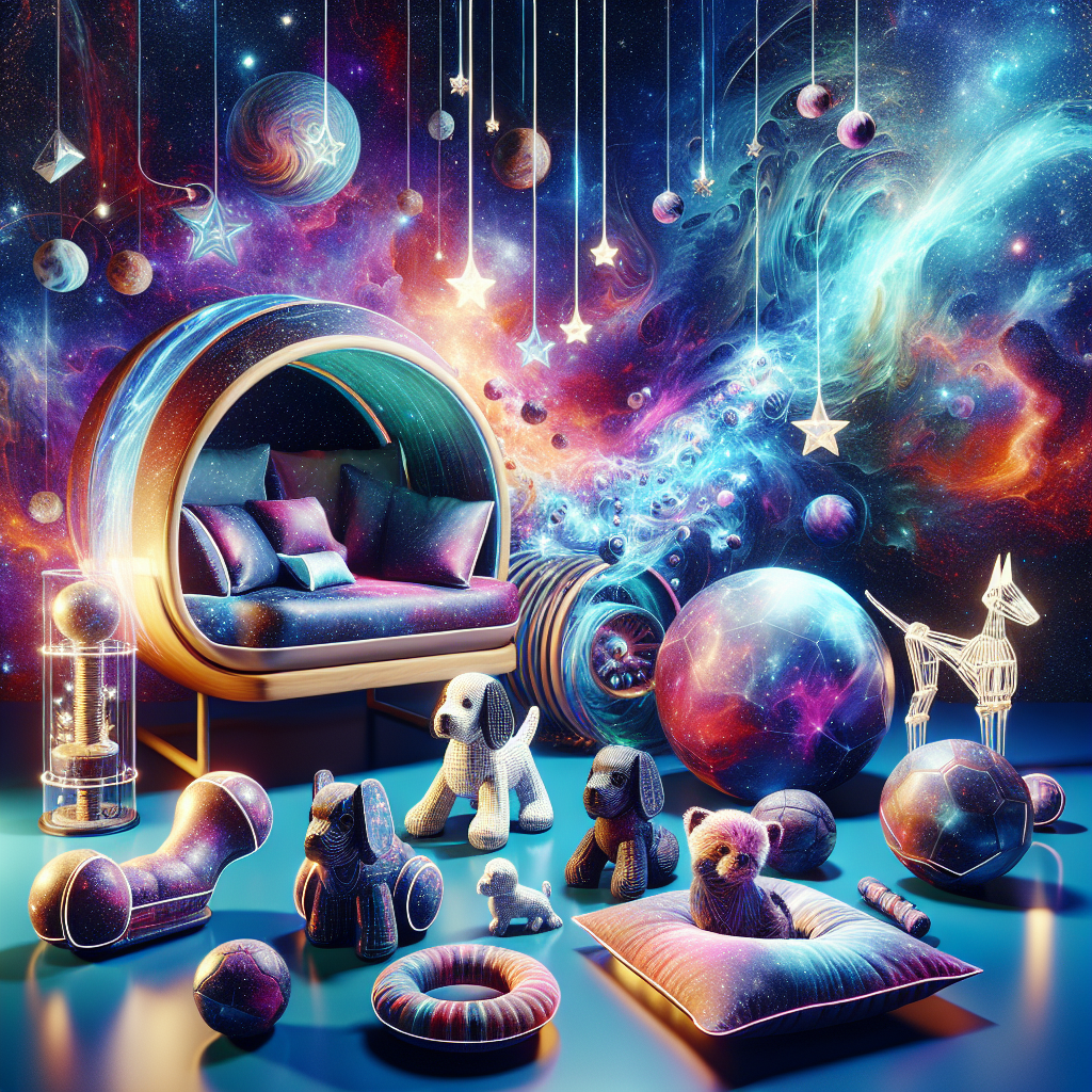 Creative assortment of futuristic pet accessories displaying cosmic designs and vibrant colors against a nebula-inspired backdrop conveying luxury and comfort.