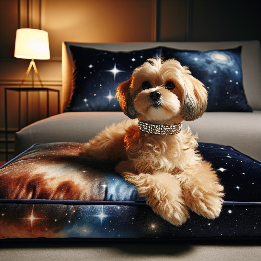 Small dog with a sparkling silver collar on a navy plush bed in an elegant, space-themed room.