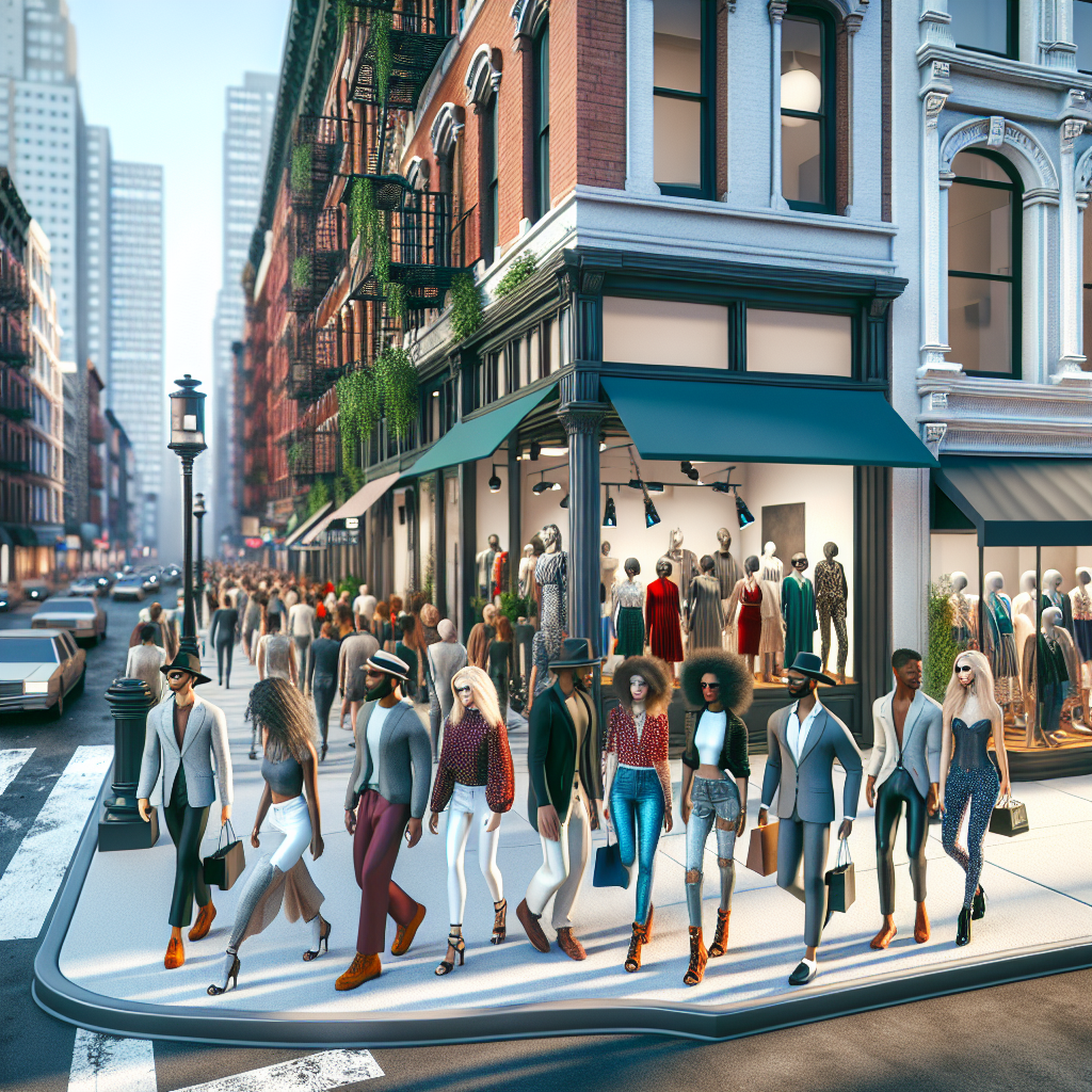 A lively and realistic scene of SoHo's fashion-forward streets in New York City, with stylish shoppers and diverse boutiques