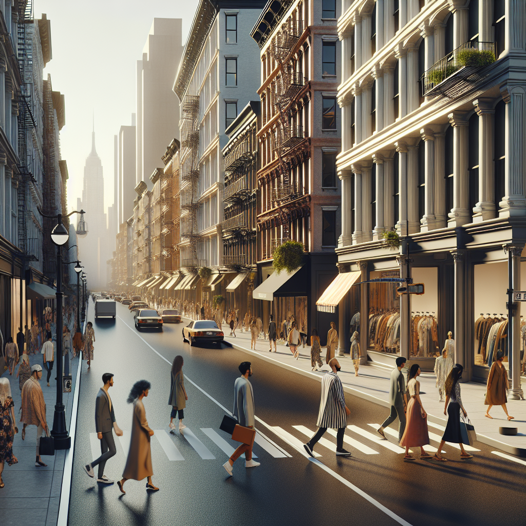 Fashionable crowd walking in SoHo, NYC with a variety of high-end boutiques and avant-garde stores.