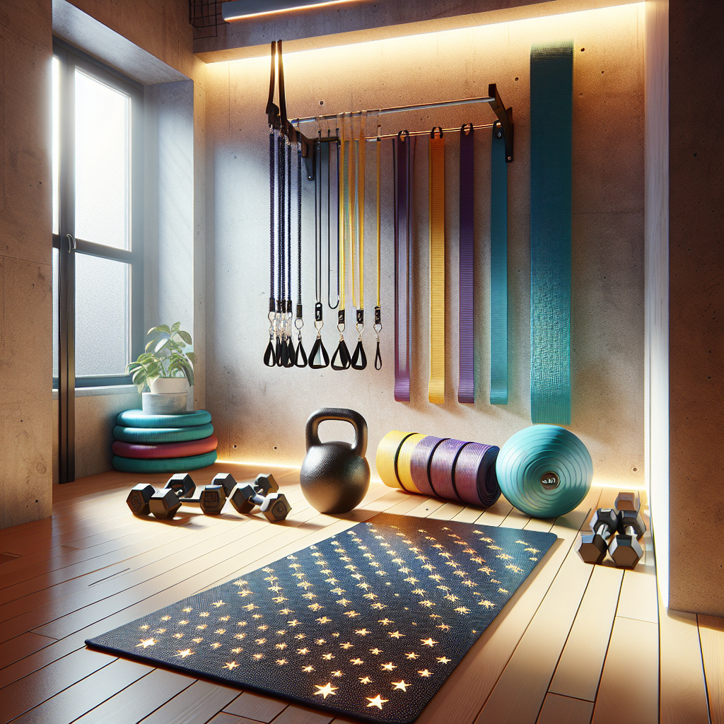 A selection of high-quality and affordable home gym fitness equipment arranged neatly in a bright, cozy indoor setting.