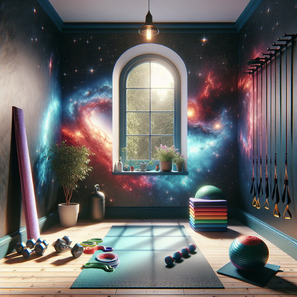 Home gym corner with a space theme, showing resistance bands and a yoga are the question.  How does theyoga mat under a window displaying a nebula and stars.