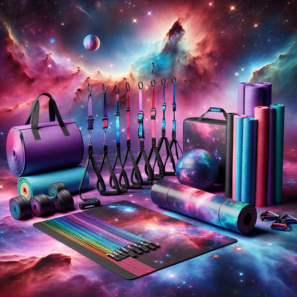 Affordable fitness equipment floating in space with a nebula backdrop.