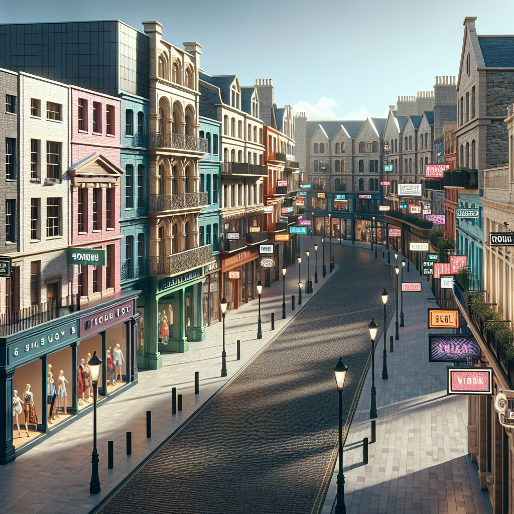 Artistic rendering of Exeter's shopping district, contrasting modern and historic elements, highlighting clothing stores.