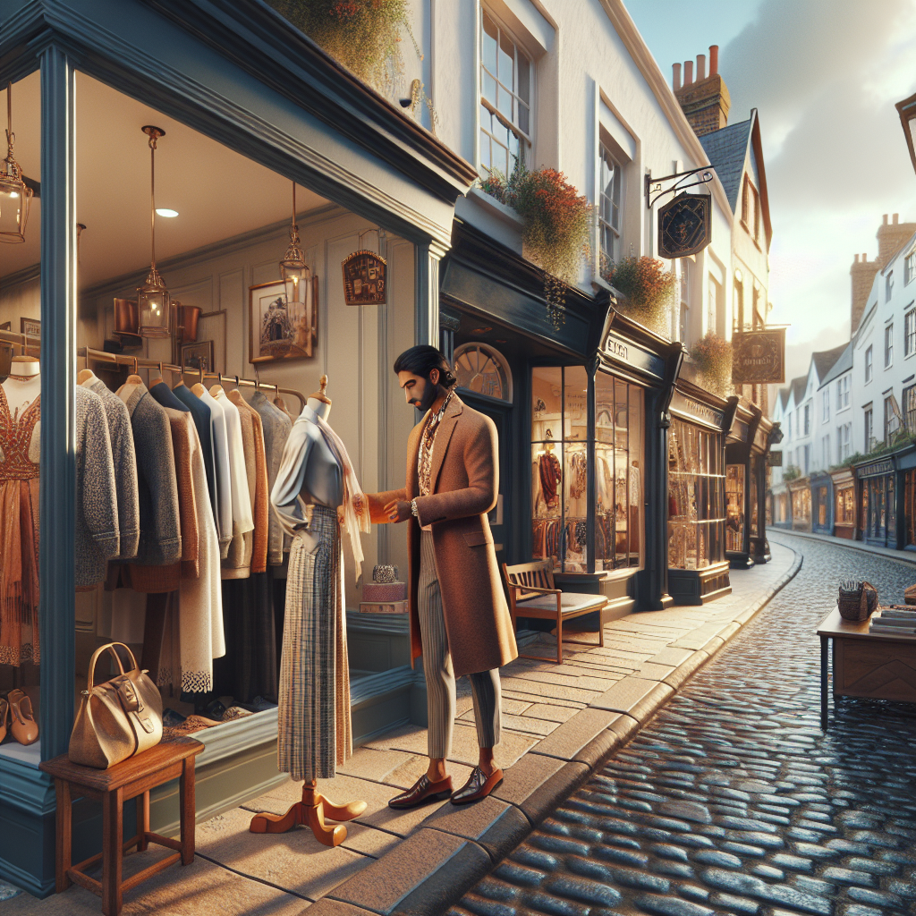 Stylish shoppers on the cobbled streets of Exeter, exploring a blend of contemporary and vintage fashion stores, with historic and modern architectural elements under a clear sky.