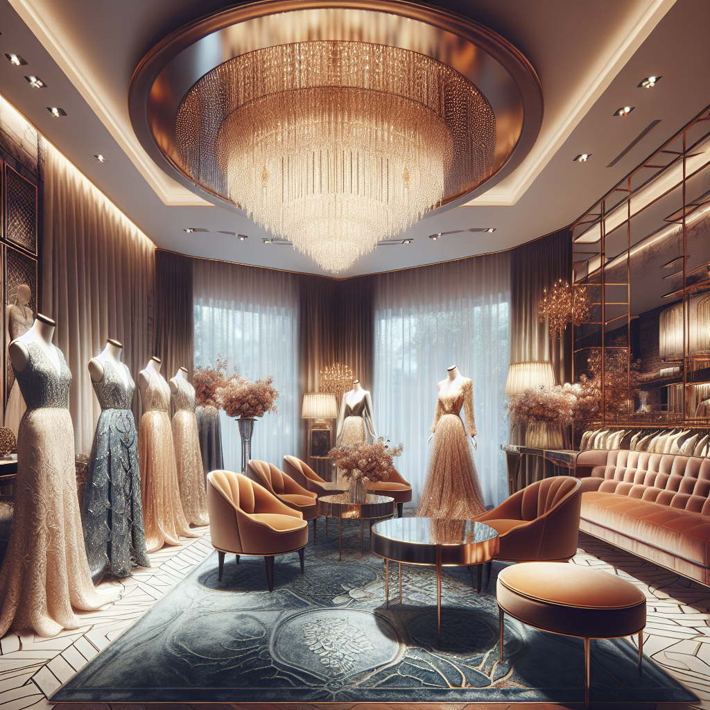 Interior of a luxurious fashion boutique with elegant mannequins dressed in high-end gowns, plush seating, and opulent decor.