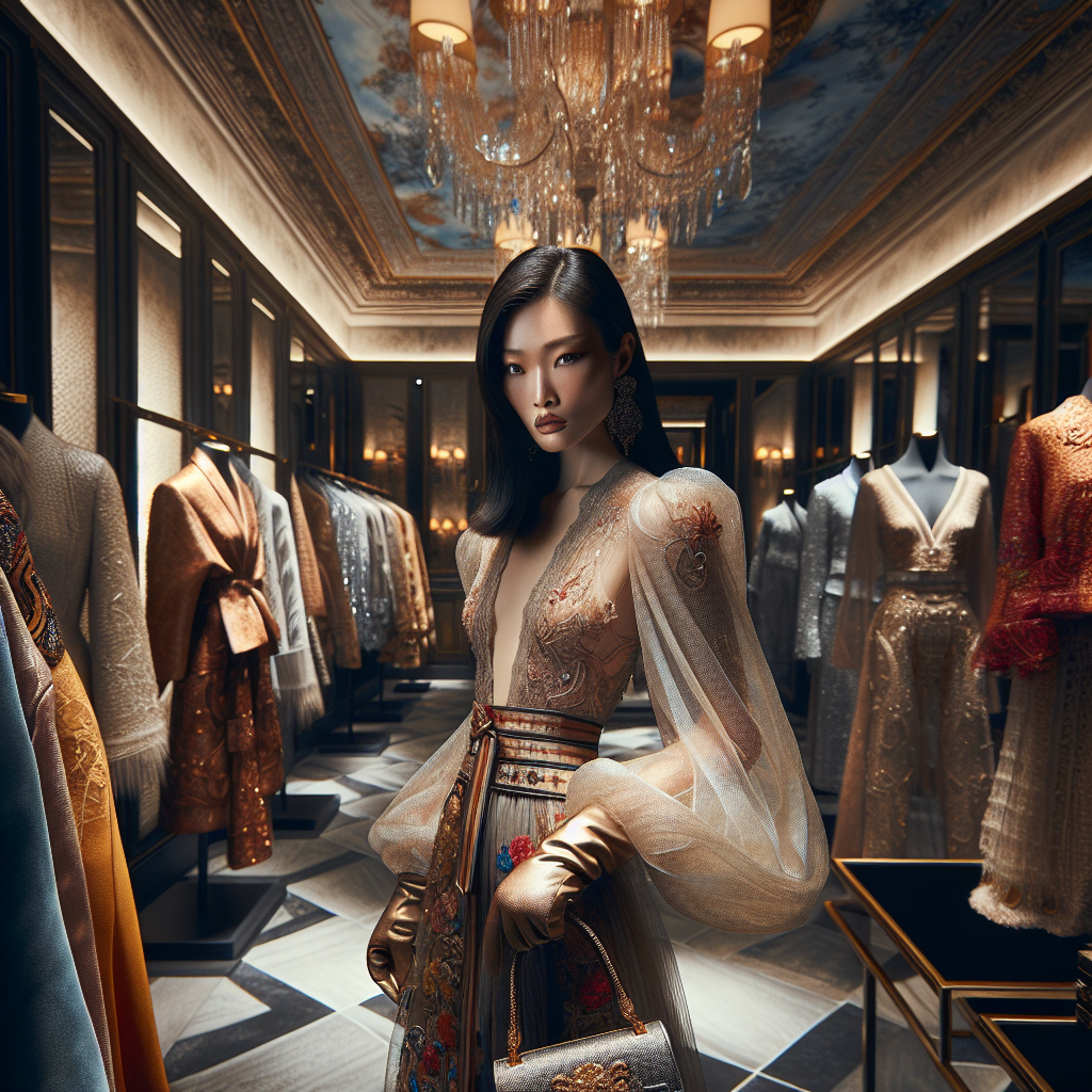 A confident woman in high-end designer attire inside an opulent fashion boutique, embodying luxury and elegance.