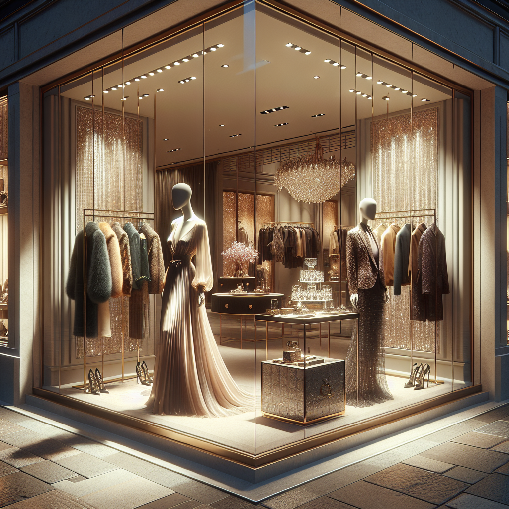 Realistic image of an elegant fashion storefront showcasing an array of luxury women's clothing, with opulent interior design, soft warm lighting and a text-free composition.