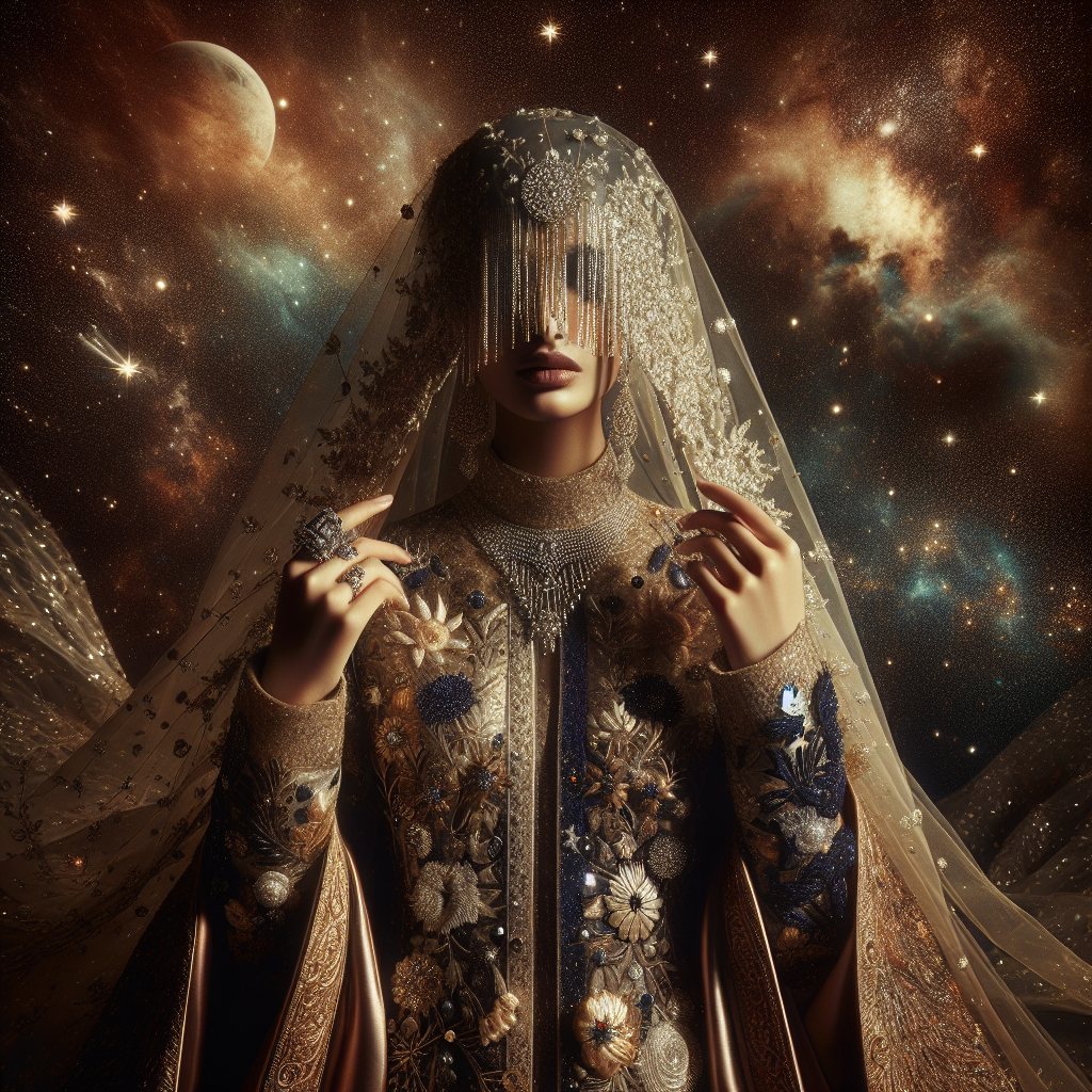 A sophisticated and ethereal woman in a luxurious, jewel-embellished satin gown against a starry cosmic background, symbolizing high-end fashion.