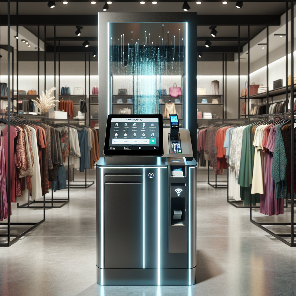 Modern self-checkout kiosk at Uniqlo with touchscreen and payment terminal, in a clothing store interior.