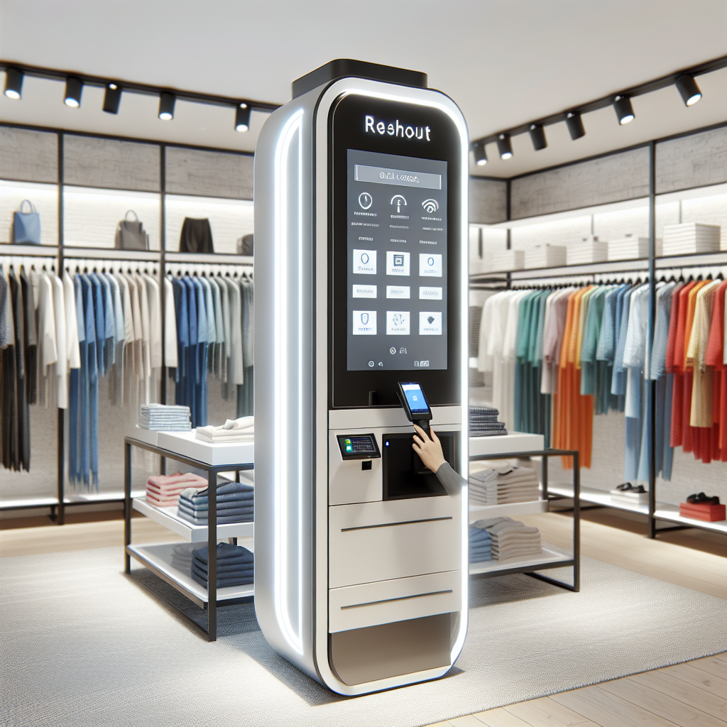 A Uniqlo self-checkout kiosk with a hand scanning a garment, surrounded by colorful clothing racks in a well-lit store setting.