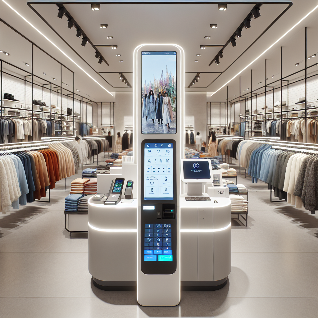 Inside of a Uniqlo store with a modern self-checkout kiosk and customers browsing clothing racks.