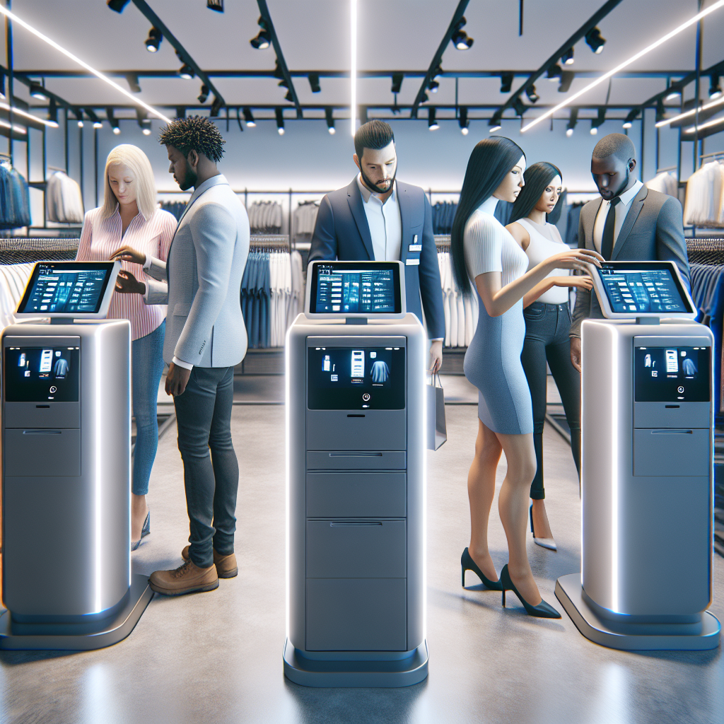 Customers using a high-tech self-checkout system in a Uniqlo store.