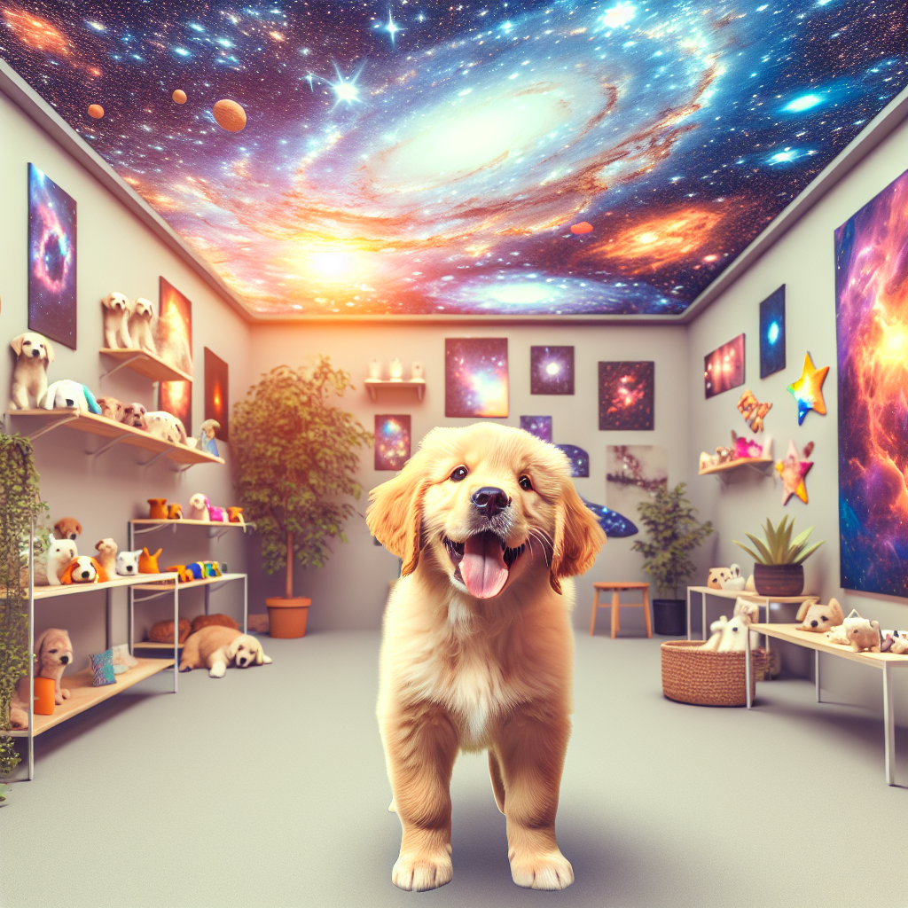 A happy golden retriever puppy inside the welcoming and cosmic-themed 'Nebula Flux Shop', surrounded by colorful dog accessories and natural light.