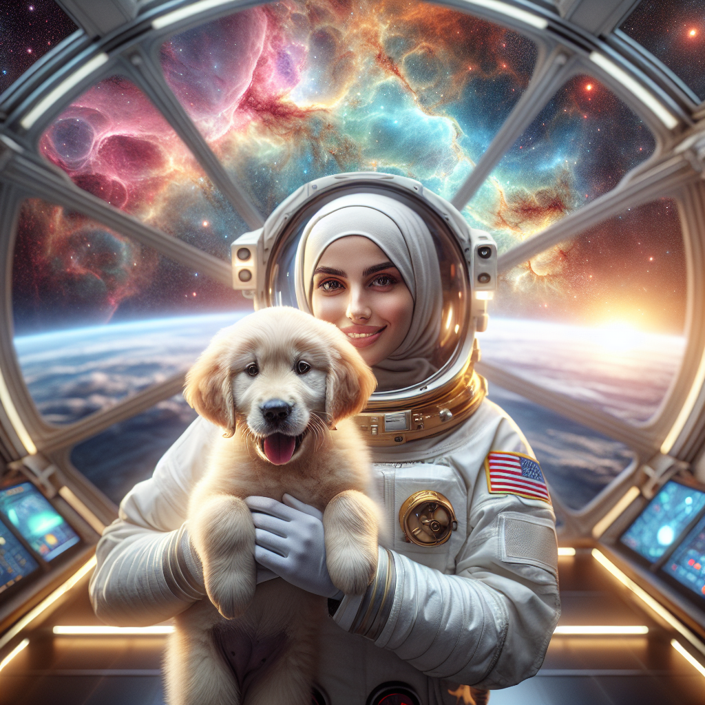 An astronaut in a space station holding a golden retriever puppy with a cosmic nebula view through the window.