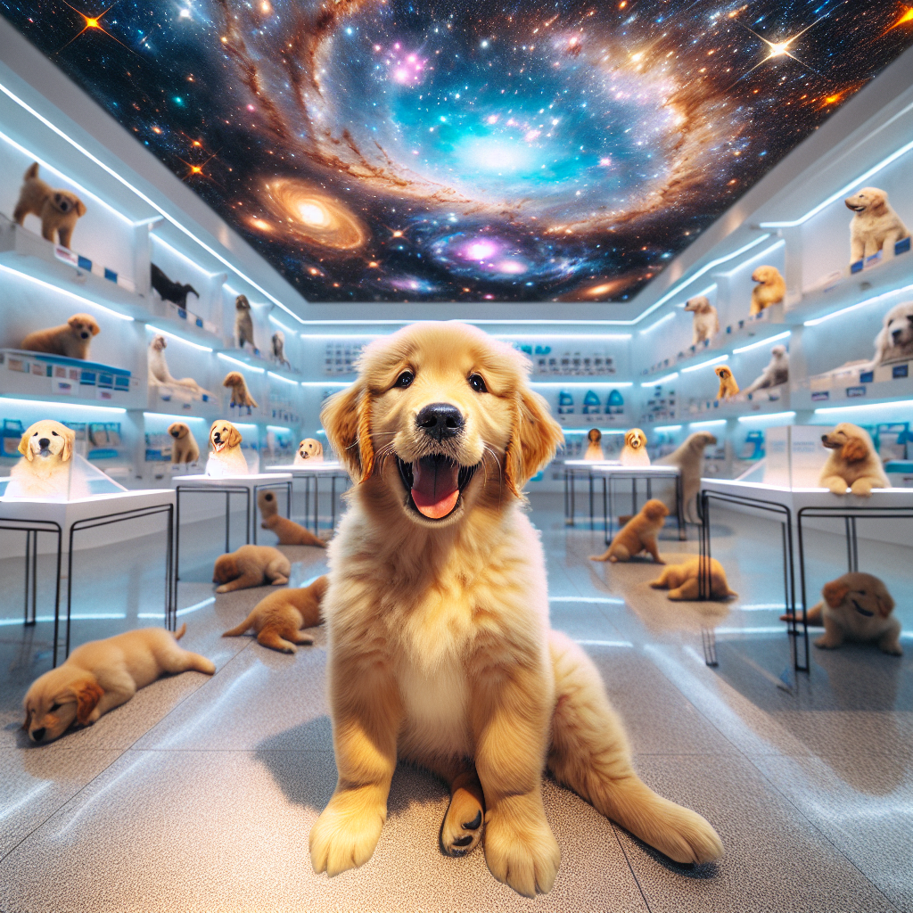 Golden retriever puppy inside a nebula-themed pet shop with galaxies and stars visible through the ceiling, and other puppies in the background.