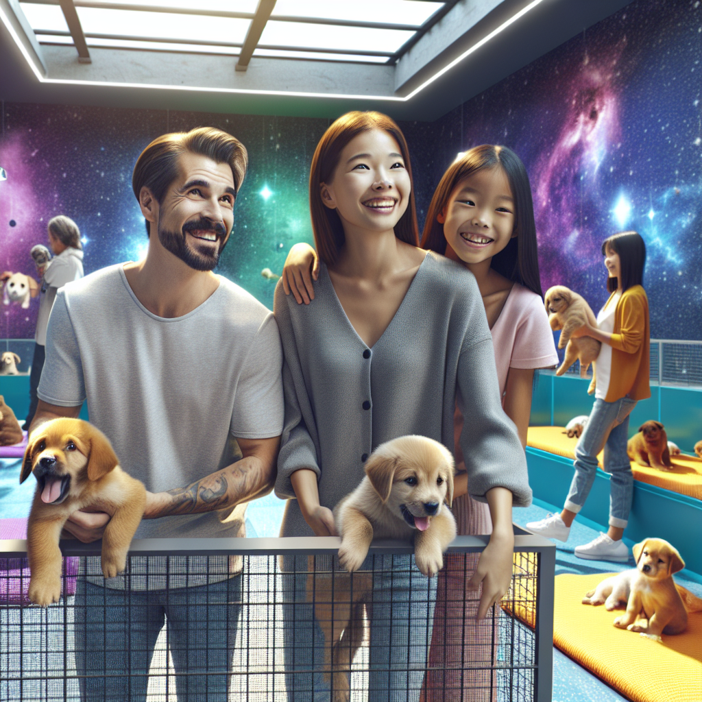 A family enjoying their time at the 'Nebula Flux Shop', a pet shop decorated with cosmic elements and healthy puppies.