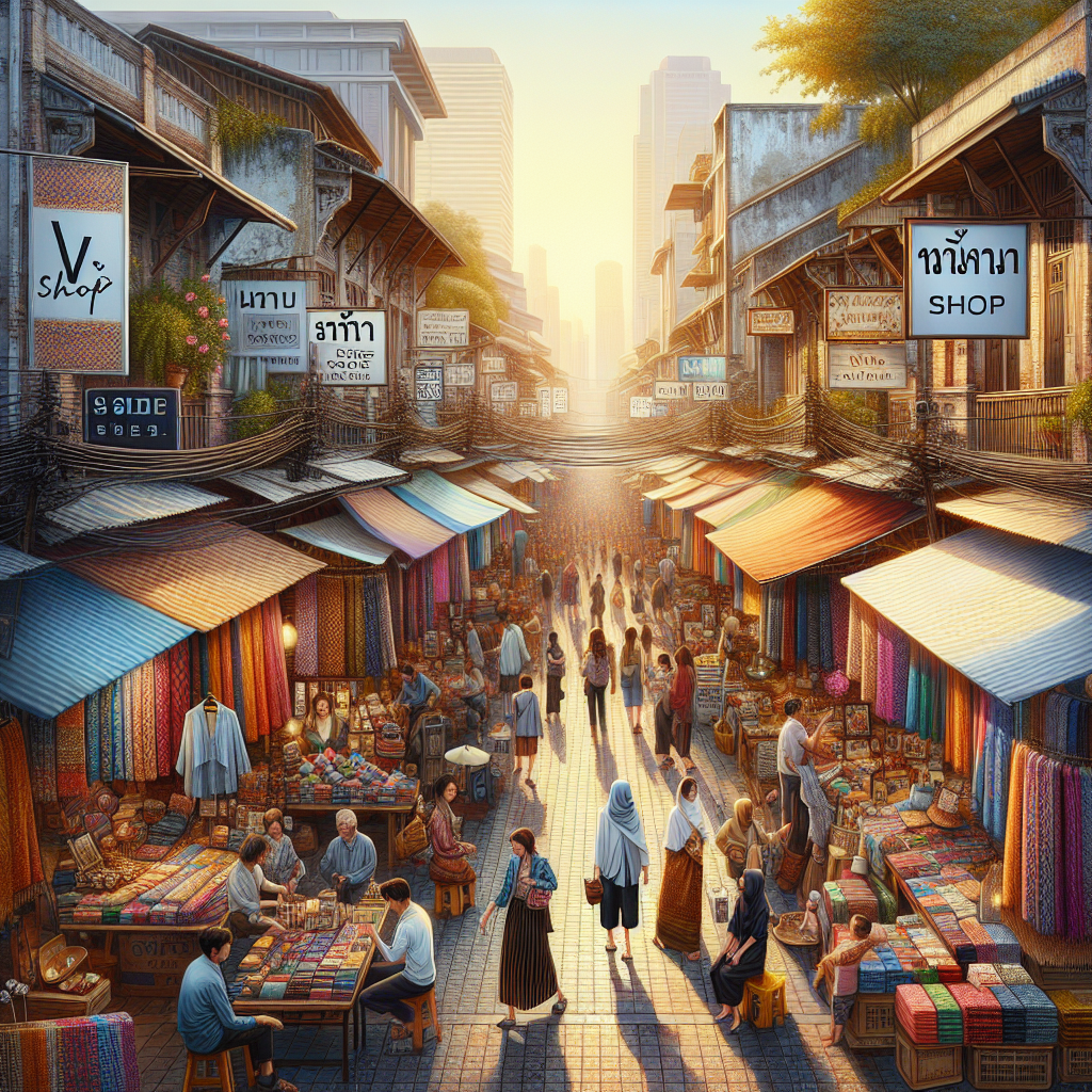 Animated Thai market street scene with shops showing 'V Shop' branding and showcasing textiles and fashion, embodying Thailand's local culture and charm.