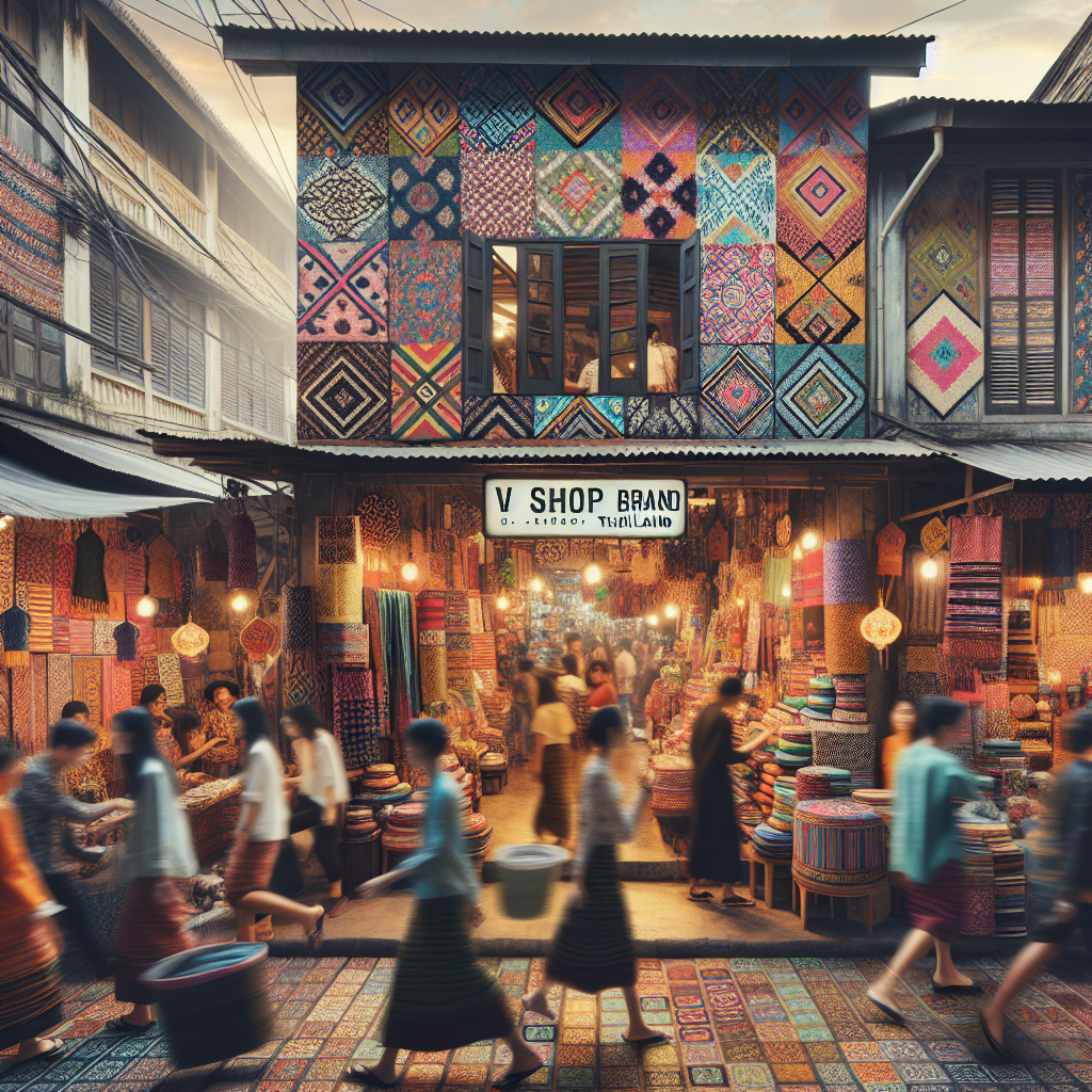 A realistic street market scene in Thailand with the entrance to V Shop Brand Thailand, showcasing hand-woven textiles and contemporary Thai fashion.