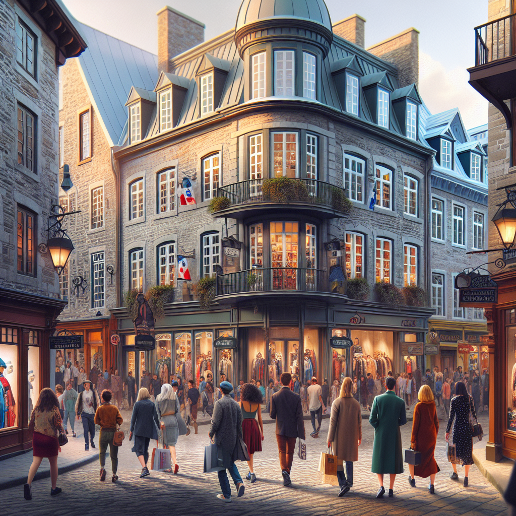 Animated street scene in Quebec City's fashion district depicting old European architecture mixed with modern boutiques and stylish pedestrians.